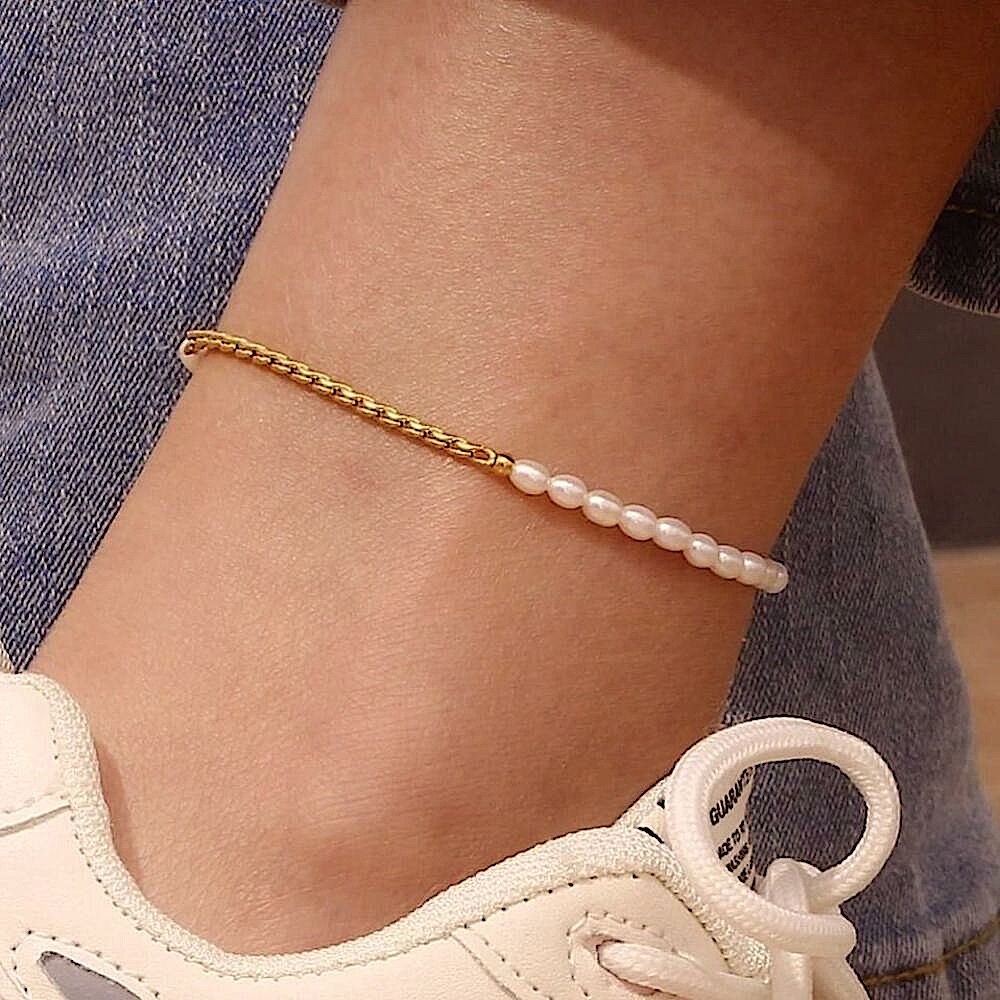 NEW‎ Yellow Gold Plated 316L Freshwater Pearl Anklet Bracelet